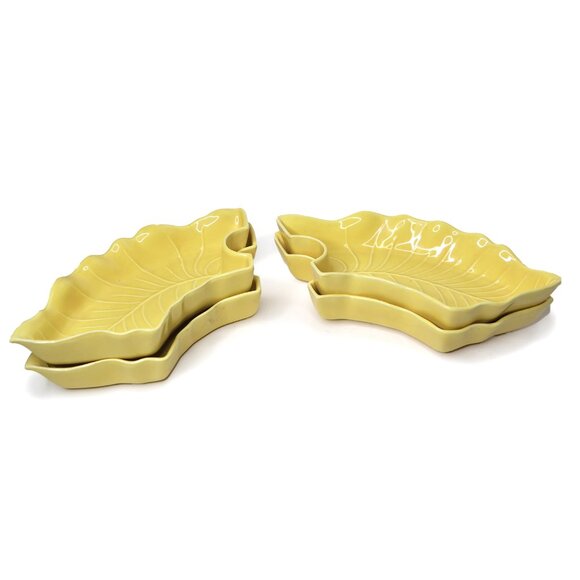 Vintage California Pottery Ceramic Lazy Susan Leaf Serving Tray Appy Dish Yellow - Picture 7 of 15